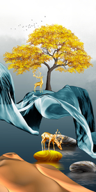 发财树山水石来运转玄关晶瓷画