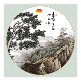 水墨山水小船松树背景墙图片