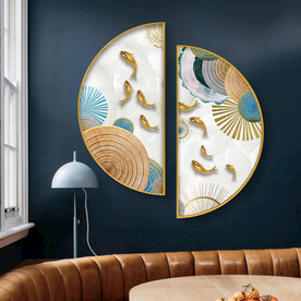 金色九鱼大理石纹圆形装饰画