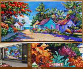 抽象颗粒状海岛小镇椰树风景