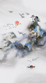 装饰画 抽象山水画 鸟 船