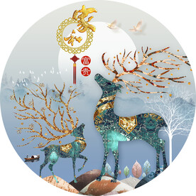 圆形现代麋鹿山水装饰画