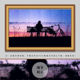 日落长椅单车背影油画
