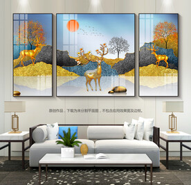 抽象客厅装饰画远山麋鹿三联画