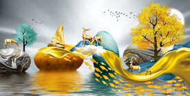 装饰画 晶瓷画 石头 鱼群