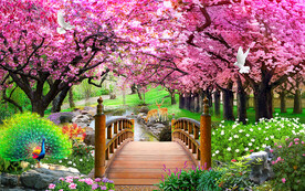 樱花树独木桥风景背景墙