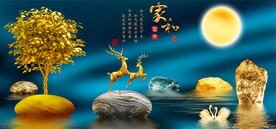 石来运转发财树三联装饰画