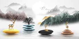 晶瓷画 麋鹿石头