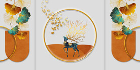 晶瓷画杏叶三联画麋鹿