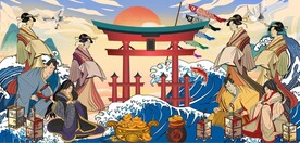 浮世绘古代日本料理餐饮背景墙