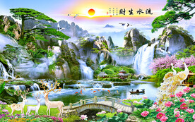 流水生财迎客松风景背景墙