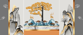 轻奢装饰画 新中式山水画 麋鹿