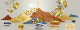 轻奢装饰画新中式山水画麋鹿石头