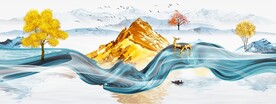 轻奢装饰画新中式山水画太阳麋鹿