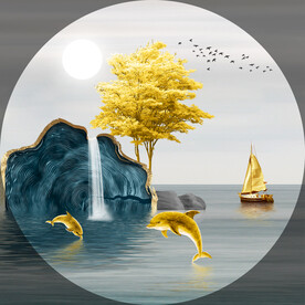 装饰画 新中式山水画 海豚帆船