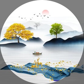 装饰画 新中式山水画 飘带