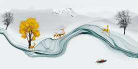 轻奢装饰画 弧线 麋鹿