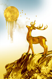 轻奢装饰画 金色山水画 麋鹿