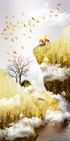 轻奢装饰画 新中式山水麋鹿