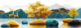 轻奢装饰画 山水石头麋鹿