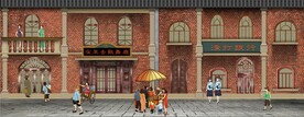 民国风建筑街景背景墙壁画