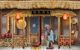 特色烤鱼餐饮背景墙壁画