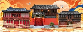 复古怀旧中式古建筑餐饮背景墙