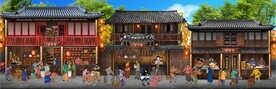 古代市井集市饭馆背景墙壁画