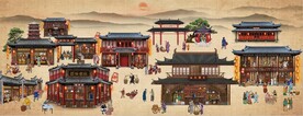 古代市井集市饭馆背景墙壁画