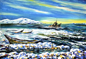 大海小船油画