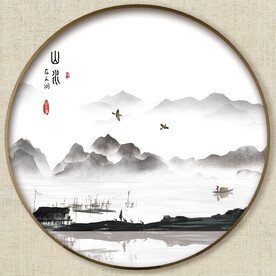 圆形水墨山水画