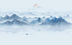 蓝色禅意水墨山水画背景墙