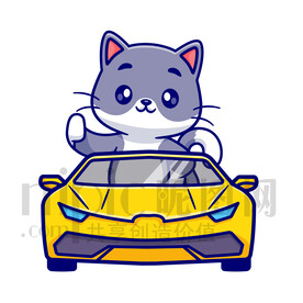 可爱卡通坐小汽车的小猫