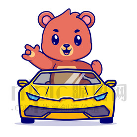 可爱卡通坐小汽车的灰熊