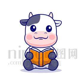 可爱卡通拿着书学习的牛