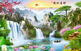 流水生财山水风景装饰画背景墙