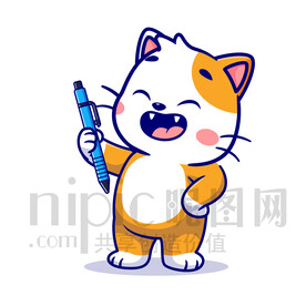 可爱卡通拿铅笔的小猫咪