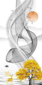 新中式麋鹿禅意水墨山水玄关