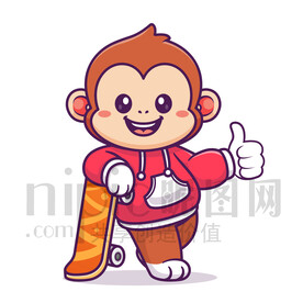 可爱卡通玩滑板的猴子