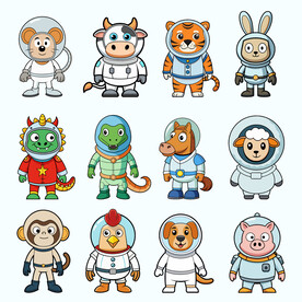 矢量十二生肖身穿宇航服太空元素