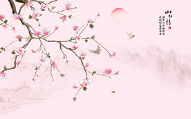 新中式玉兰工笔花鸟画背景墙