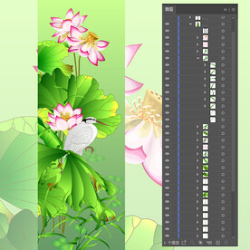 工笔荷花条屏