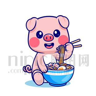 可爱卡通小猪吃面条
