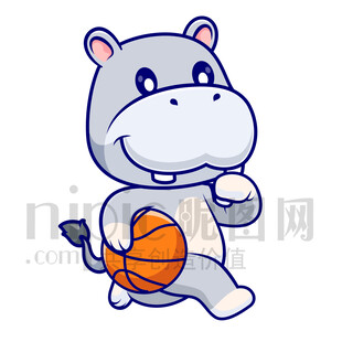 可爱卡通爱运动打篮球的河马