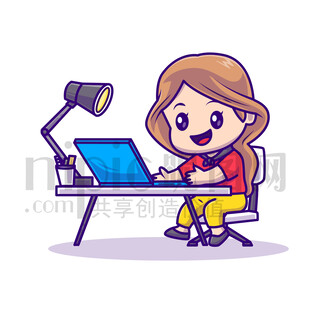 可爱卡通商务办公人士女生电脑
