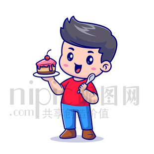 可爱卡通吃甜点的男孩