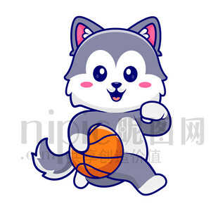 可爱卡通爱运动打篮球的大灰狼