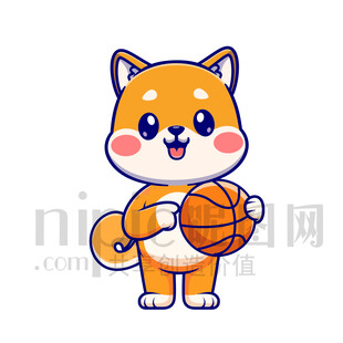 可爱卡通抱着篮球的小狗