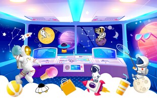 卡通太空火箭儿童房背景墙图片