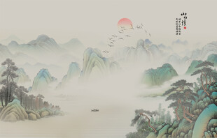 国画山水电视背景墙壁画